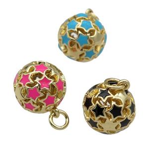 copper Ball pendant with enamel star, hollow, gold plated, mixed, approx 13mm dia