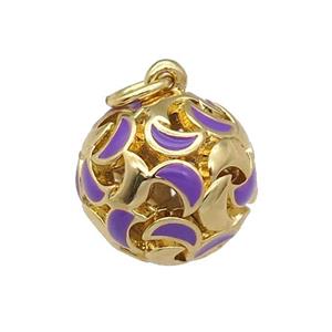 copper Ball pendant with purple enamel moon, hollow, gold plated, approx 13mm dia