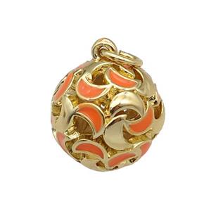 copper Ball pendant with orange enamel moon, hollow, gold plated, approx 13mm dia
