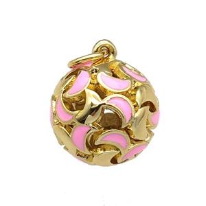 copper Ball pendant with pink enamel moon, hollow, gold plated, approx 13mm dia