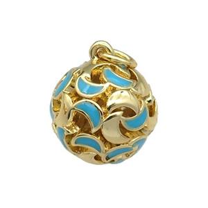 copper Ball pendant with teal enamel moon, hollow, gold plated, approx 13mm dia