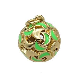 copper Ball pendant with green enamel moon, hollow, gold plated, approx 13mm dia