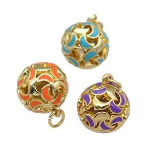 copper Ball pendant with enamel moon, hollow, gold plated, mixed, approx 13mm dia