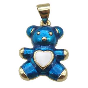 copper Bear pendant with blue enamel, gold plated, approx 13.5-16mm