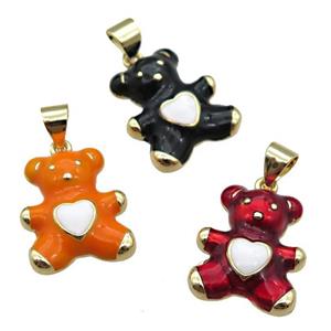 copper Bear pendant with enamel, gold plated, mixed, approx 13.5-16mm