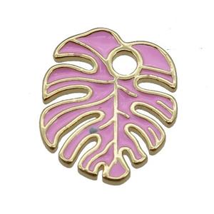 copper Leaf pendant with pink enamel, gold plated, approx 16-19mm