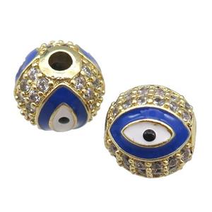round copper Beads paved zircon with blue enamel Evil Eye, gold plated, approx 8mm dia