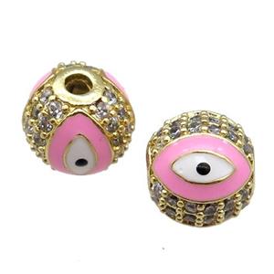 round copper Beads paved zircon with pink enamel Evil Eye, gold plated, approx 8mm dia