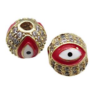 round copper Beads paved zircon with red enamel Evil Eye, gold plated, approx 8mm dia