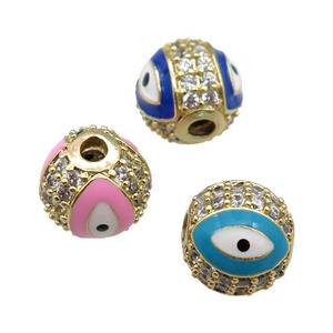 round copper Beads paved zircon with enamel Evil Eye, gold plated, mixed, approx 10mm dia