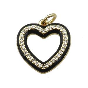 copper Heart pendant paved zircon with black enamel, gold plated, approx 16mm