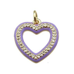 copper Heart pendant paved zircon with lavender enamel, gold plated, approx 16mm