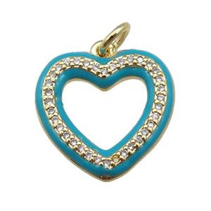 copper Heart pendant paved zircon with teal enamel, gold plated, approx 16mm