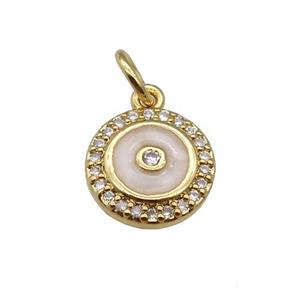 copper Circle pendant paved zircon with white enamel, gold plated, approx 10mm dia