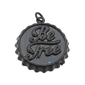 copper soda Bottle Cap pendant with black fire Lacquered, Be Free, approx 23mm dia