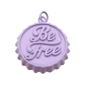 copper soda Bottle Cap pendant with lavender fire Lacquered, Be Free, approx 23mm dia