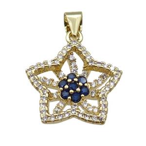 copper Flower pendant paved zircon, darkblue, gold plated, approx 18mm