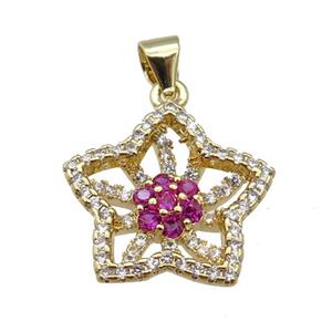 copper Flower pendant paved zircon, hotpink, gold plated, approx 18mm