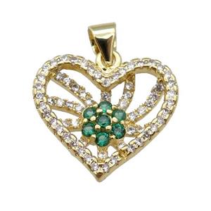 copper Heart pendant paved zircon, green, gold plated, approx 18mm