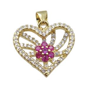 copper Heart pendant paved zircon, hotpink, gold plated, approx 18mm