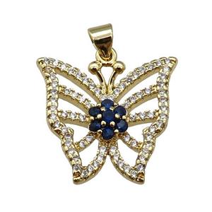 copper Butterfly pendant paved zircon, darkblue, gold plated, approx 19-21mm