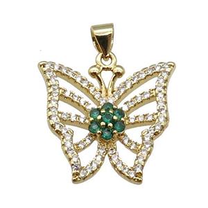 copper Butterfly pendant paved zircon, green, gold plated, approx 19-21mm