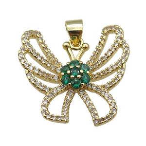 copper Butterfly pendant paved zircon, green, gold plated, approx 21mm