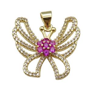 copper Butterfly pendant paved zircon, hotpink, gold plated, approx 21mm