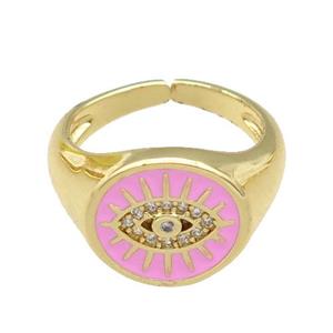 copper Rings with pink enamel Evil Eye, gold plated, approx 12-13mm, 18mm dia
