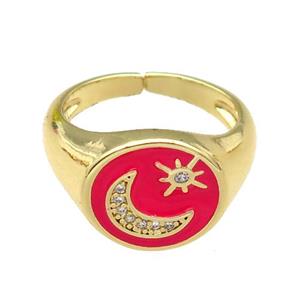 copper Rings paved zircon with red enamel, moonstar, gold plated, approx 12-13mm, 18mm dia