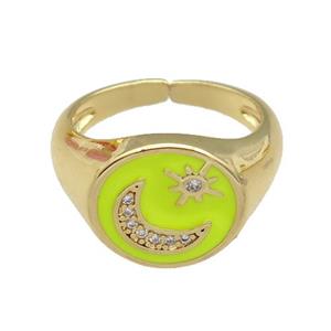 copper Rings paved zircon with yellow enamel, moonstar, gold plated, approx 12-13mm, 18mm dia