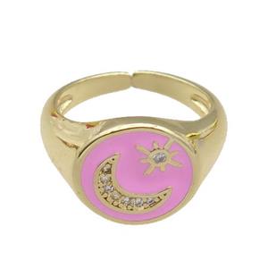 copper Rings paved zircon with pink enamel, moonstar, gold plated, approx 12-13mm, 18mm dia