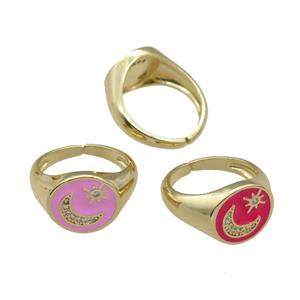 copper Rings paved zircon with enamel, moonstar, gold plated, mixed, approx 12-13mm, 18mm dia