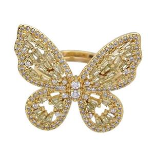 copper Rings paved zircon, butterfly, gold plated, approx 25-28mm, 18mm dia