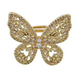 copper Rings paved zircon, butterfly, gold plated, approx 25-28mm, 18mm dia