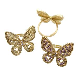 copper Rings paved zircon, butterfly, gold plated, mixed, approx 25-28mm, 18mm dia