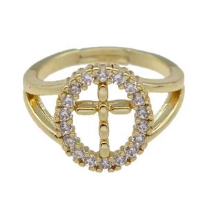 copper Ring paved zircon, cross, adjustable, gold plated, approx 12-15mm, 18mm dia