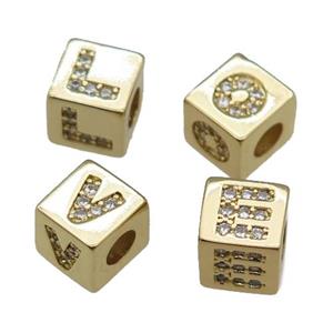 copper Cube Letter Beads paved zircon, gold plated, mixed, approx 6mm