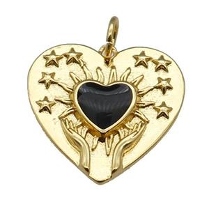 copper Heart pendant, black enamel, gold plated, approx 22mm