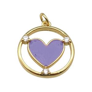 copper Heart pendant with lavender enamel, gold plated, approx 20mm dia