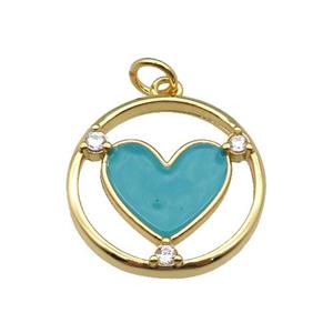 copper Heart pendant with teal enamel, gold plated, approx 20mm dia
