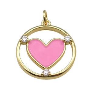 copper Heart pendant with pink enamel, gold plated, approx 20mm dia
