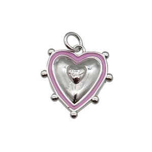 copper Heart pendant with pink enamel, platinum plated, approx 15mm