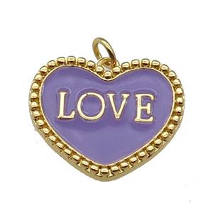 copper Heart pendant with lavender enamel, LOVE, gold plated, approx 17-23mm