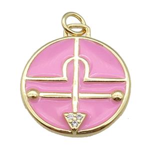 copper circle pendant with pink enamel, gold plated, approx 17mm