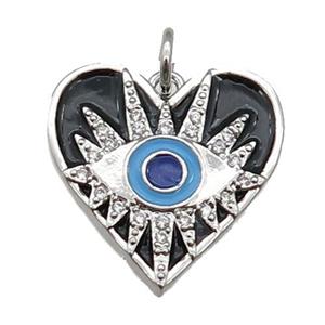 copper Heart pendant paved zircon with black enamel, Evil Eye, platinum plated, approx 18mm