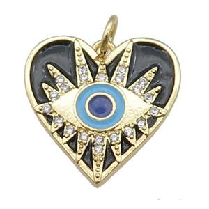 copper Heart pendant paved zircon with black enamel, Evil Eye, gold plated, approx 18mm