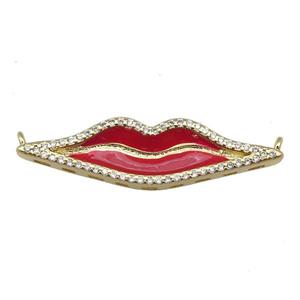 copper Lip charm pendant paved zircon, red enamel, gold plated, approx 9-33mm