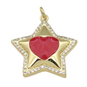 copper Star pendant paved zircon, red enamel, gold plated, approx 22mm