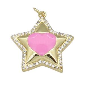 copper Star pendant paved zircon, pink enamel, gold plated, approx 22mm